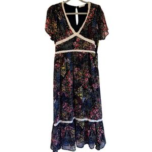 In Loom Floral Maxi Dress Women L Black Crochet Lace Trim Wedding Guest Romantic